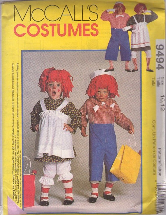 McCall's 9494 Retro 90's Sewing Pattern Character Costumes, Halloween Costume Raggedy Ann and Andy Jumpsuit, Dress, Pinafore Apron, Bloomers, Yarn Wig Adult Size Small