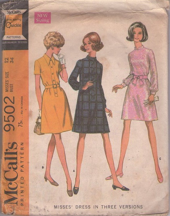 McCall's 9502 Vintage 60's Sewing Pattern Mod Dress Set, Versatile Day to Night Styles, Band Trim Casual, Flared, Nehru Collar Cocktail Party Size 12