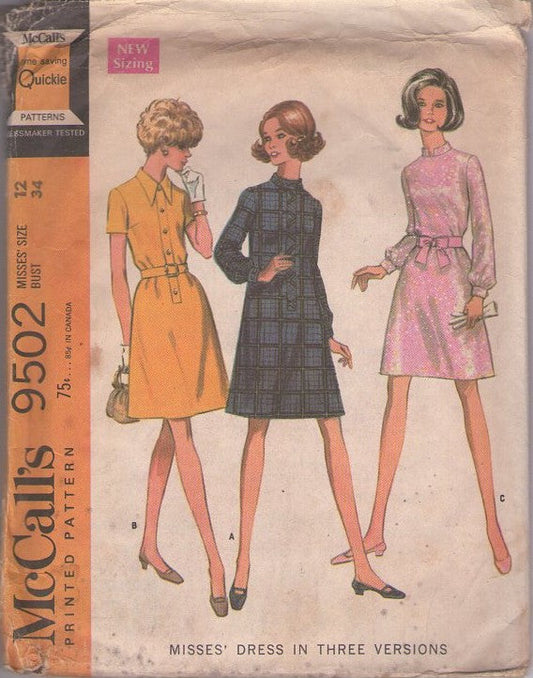 McCall's 9502 Vintage 60's Sewing Pattern Mod Dress Set, Versatile Day to Night Styles, Band Trim Casual, Flared, Nehru Collar Cocktail Party Size 12