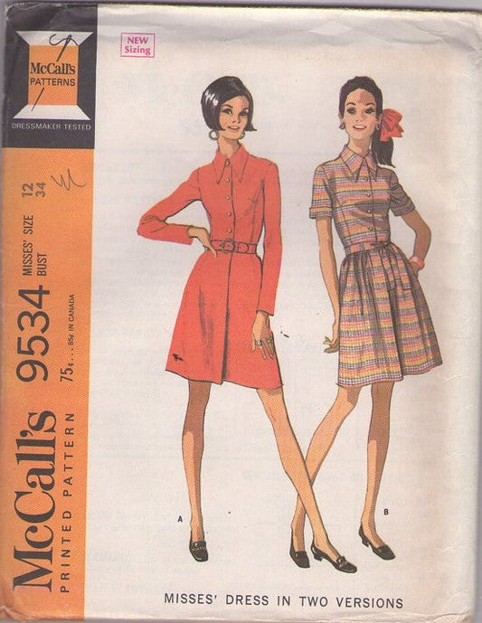 McCall's 9534 Vintage 60's Sewing Pattern Mod Dresses, Mad Men Short Step In Shirtwaist Day Dress, Collar, Flared Bell Shaped Skirt, 2 Styles Size 12