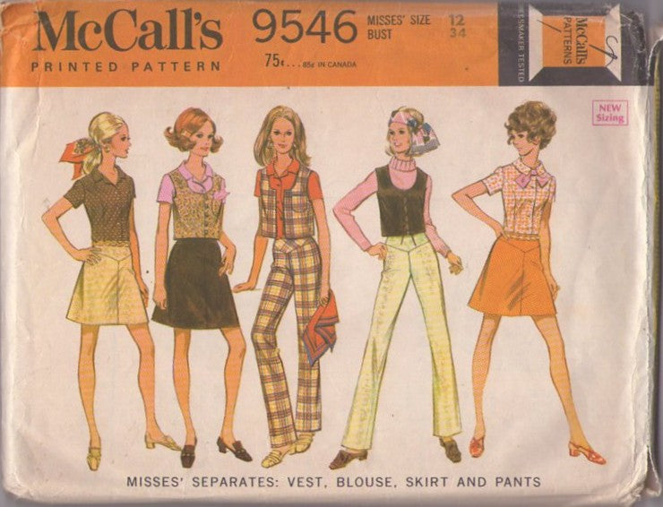 McCall's 9546 Vintage 60's Sewing Pattern Pants Set, Y Yoked Mod Mini Skirt, Pants, Trousers, Jeans, Vest Jacket & Blouse Size 12