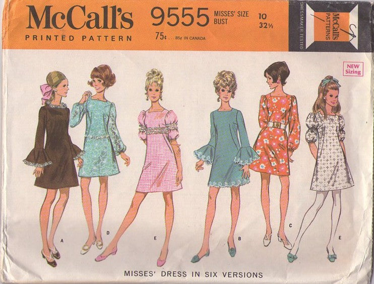 McCall's 9555 Vintage 60's Sewing Pattern Mod Party Dress Set, Gogo Mini, Flounce Sleeve, Lace Trim, Square Neck, 6 Styles Size 16