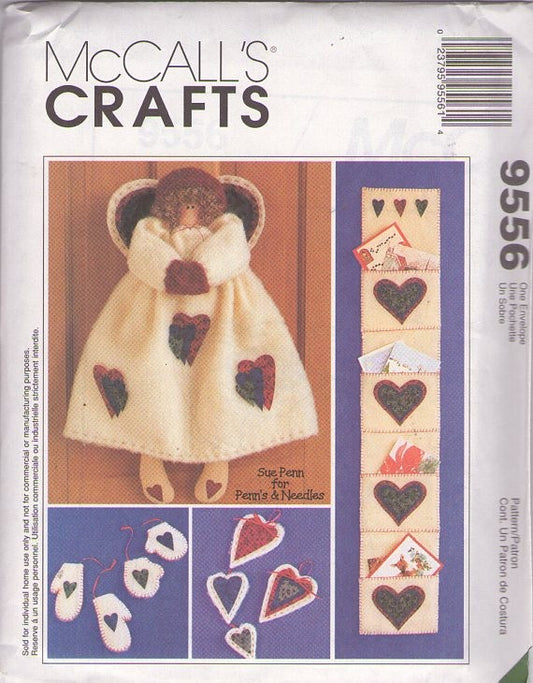 McCall's 9556 Retro 90's Sewing Pattern Primitive Christmas Holiday Home Décor, Sue Penn Angel, Mittens, Hearts, Mail Holder OZ