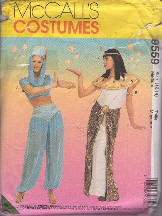 McCall's 9559 Retro 90's Sewing Pattern Retro TV I Dream of Jeannie Costume, Genie Harem Girl Sheer Pants, Crop Top, Veil Hat, Cleopatra Egyptian Princess Dress, Skirt, Collar Size S