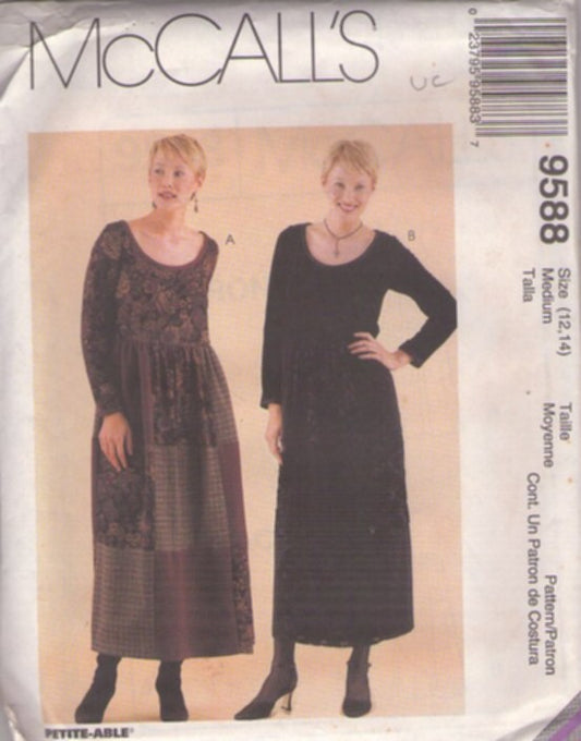 McCall's 9588 Retro 90's Sewing Pattern Modest Patchwork Dress, Scoop Neck, Prairie Cottagecore Size XS 4-6
