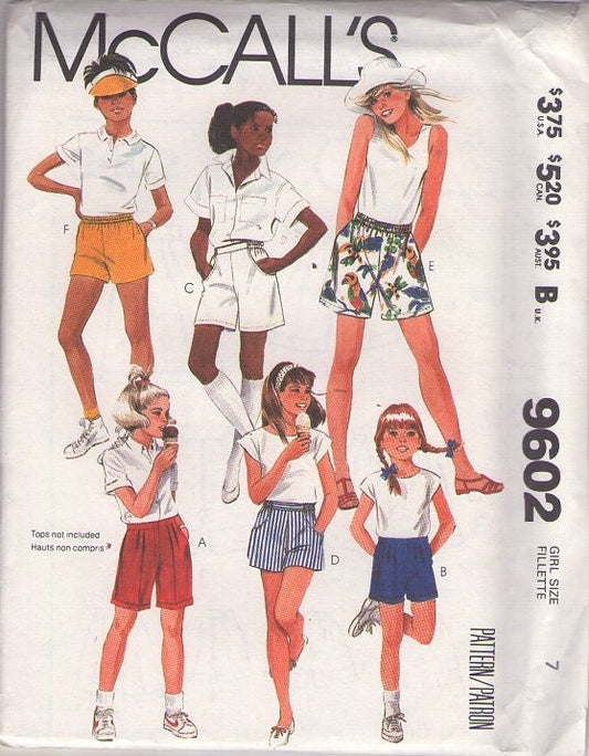McCall's 9602 Vintage 80's Sewing Pattern Girls' Shorts, 6 Styles, Pull On, Pleats, Pockets, Short or Modest Lengths Size 7