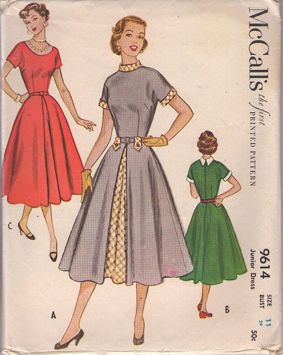 McCall's 9614 Vintage 50's Sewing Pattern Petite Rockabilly Dress, Lucy Kimono Sleeve Party Dress, Full Skirt, Contrast Front Inset Panel Size 11