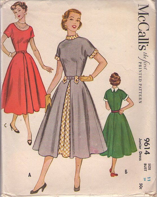 McCall's 9614 Vintage 50's Sewing Pattern Petite Rockabilly Dress, Lucy Kimono Sleeve Party Dress, Full Skirt, Contrast Front Inset Panel Size 11