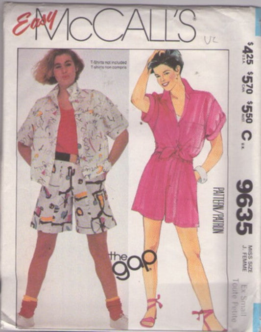 McCall's 9635 Vintage 80's Sewing Pattern Casual Separates, The Gap, New Wave, Easy Tie Front Oversized Shirt, Blouse, Flared Shorts Size XS