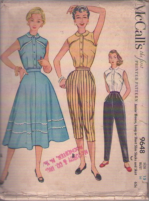 McCall's 9648 Vintage 50's Sewing Pattern Rockabilly 2Pc Dress, Yoked Summer Blouse, Skirt, Capri Pants or Trousers Size 15