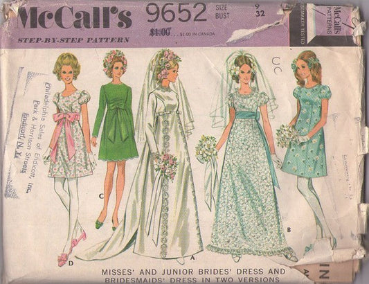 McCall's 9652 Vintage 60's Sewing Pattern Mod Formal Dress Set, Twiggy Puff Sleeve Eyelet Sash Belt Cocktail Party Dress, Elegant Lace Trim Wedding Gown, Formal Dress, Scallops, Train Size 9