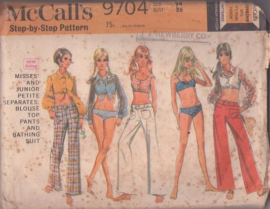 McCall's 9704 Vintage 60's Sewing Pattern Mod Summer Separates, Hippie Gogo Laugh In, Bikini Bra or Tie Front or Button Crop Top, Bikini Bottoms, Hip Huggers Pants, Bathing Suit MUST SEE Size 14