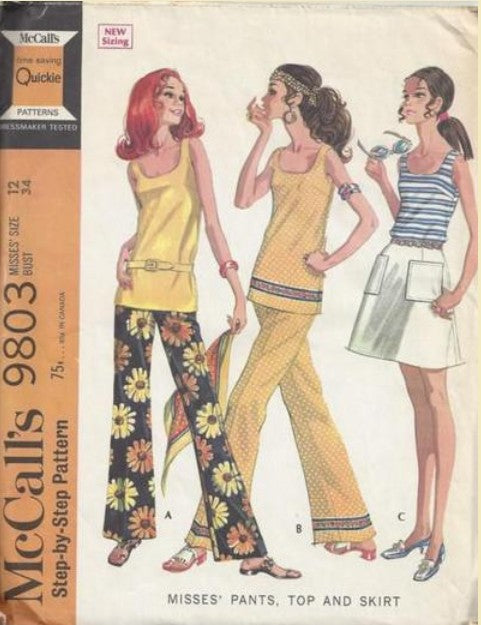 McCall's 9803 Vintage 60's Sewing Pattern Summer Separates, Hippie Flared Band Trim Pants, A-Line Mini Skirt, Scoop Neck Tank Top Blouse Size 12