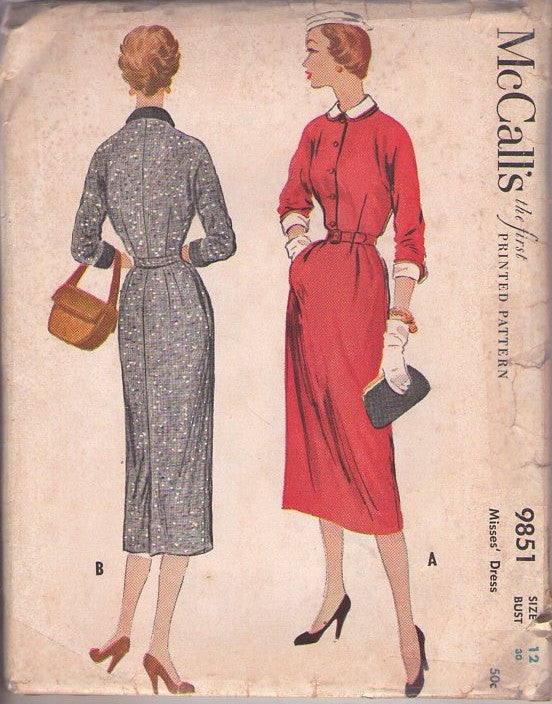 McCall's 9851 Vintage 50's Sewing Pattern New Look Dress Set, Lucy Shirtwaist Afternoon Dress, Detachable Collar & Cuffs Size 12