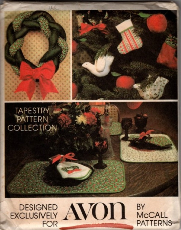 McCall's Avon Crafts Vintage 80's Sewing Pattern Tapestry Colletion Holiday Braided Wreath, Peace Dove, Stocking Ornaments, Placemats OZ