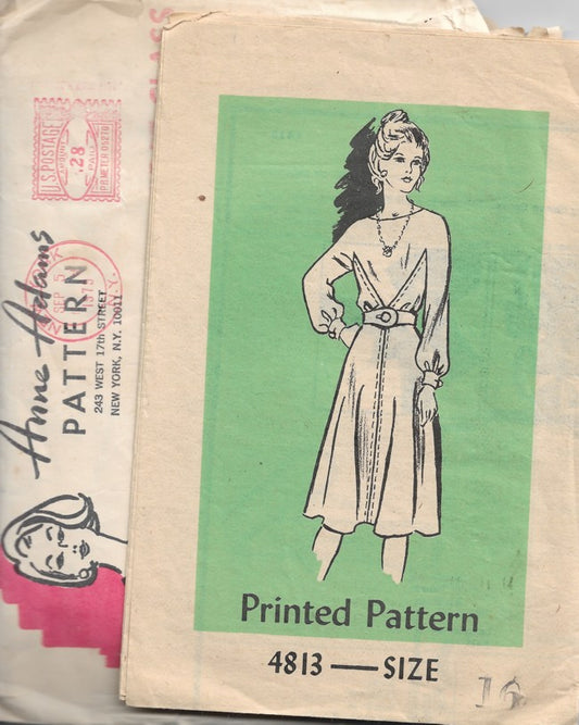 Mail Order F 4813 Vintage 70's Sewing Pattern Anne Adams Dress, Jagged V Seams Top, Disco Party Dress Size 16