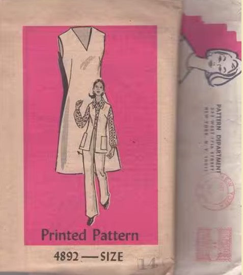Mail Order 4892 Vintage 70's Sewing Pattern Minimalist Dress, Mod V Neck, Jumper Dress, Long Vest Jacket, Balloon Sleeve Blouse & Slacks Size 14