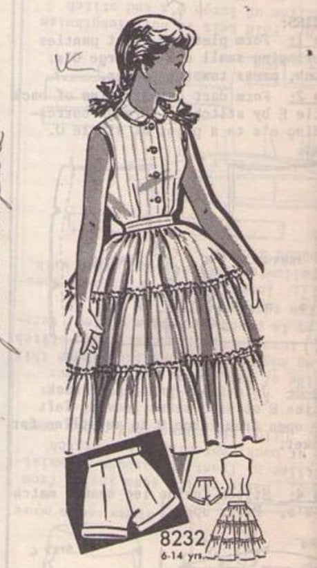 Mail Order 8232 Vintage 60's Sewing Pattern Girls' Dress, Sew Rite, Hairspray Rockabilly Era, Summer Blouse, Tiered Circle Party Skirt, Modesty Shorts Size 8