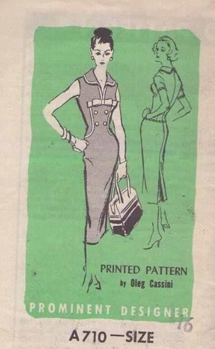 Mail Order A 710 Vintage 50's Sewing Pattern Party Dress, Prominent Designer, Oleg Cassini, Rockabilly Bombshell Sheath Dress, 2 Styles Size 16