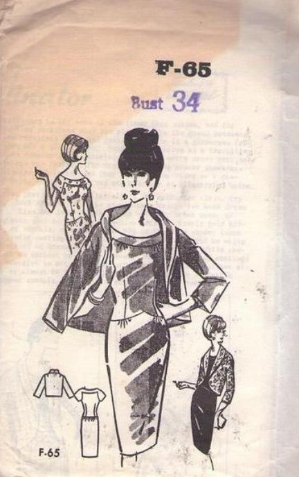 Mail Order F 65 Vintage 60's Sewing Pattern Dinner Dress, Jacket, Rockabilly, Cocktail Party, Sheath Dress, Matching Jacket Size 16