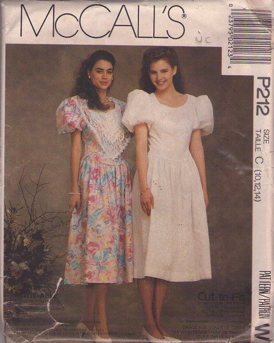 McCall's P212 Vintage 90's Sewing Pattern Garden Party Dresses, Cottagecore, Anniversary Dress, Puff Lantern Sleeve Scoop Neck Lace Platter Front Garden Tea Party Dress Size 10-14