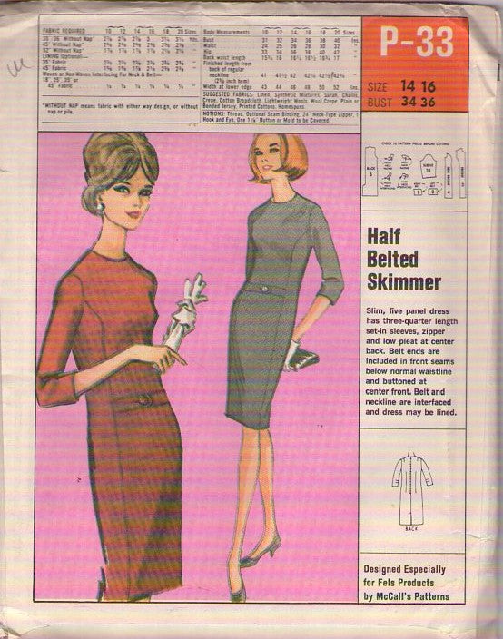 McCall's P33 Vintage 60's Sewing Pattern Mod Dress, Fels Products, Half Belted Skimmer, Front Belt, Princess Seams Size 14-16