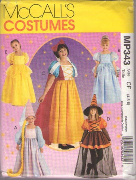 McCall's 2856 MP343 Retro 2000 Sewing Pattern Princess Costume, Disney Inspired Storybook Costumes, Beauty Beast Belle, Snow White, Cinderella, Rapunzel, Witch Dresses, Gowns, Hats, Cap Size 4-5