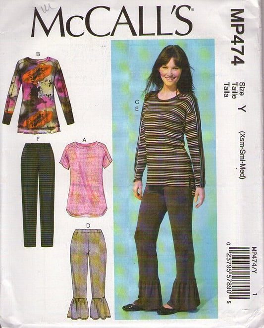 McCall's 7295/P474 Retro 2015 Sewing Pattern Pullover Knit Tshirt, Top, Shirt Set, Leggings, Ruffle Hem Pants Size XS-M