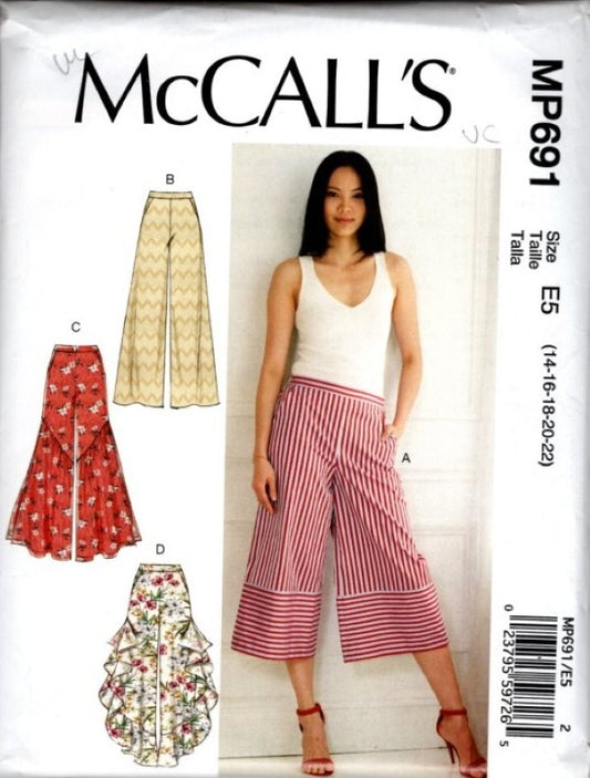 McCall's 7786 P691 Retro 2018 Sewing Pattern Easy Pull On Flared Pants, Tiered or Cha Cha Ruffles Disco Bell Bottoms, Culottes Size 14-22