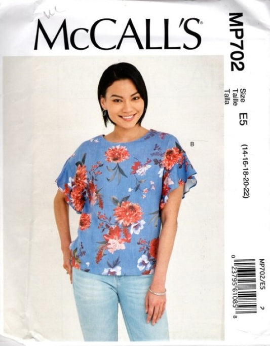 McCall's 7808 P702 Retro 2018 Sewing Pattern Billowy Blouse, Flounce Sleeves Top Size 14-22
