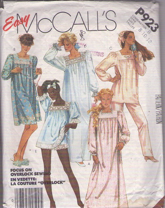 McCall's 2193 P923 Vintage 80's Sewing Pattern Nightwear Set, Square Neck Pajamas Top, Nightie, Nightgown, Tap Panties Shorts, House Dress Size 8-10
