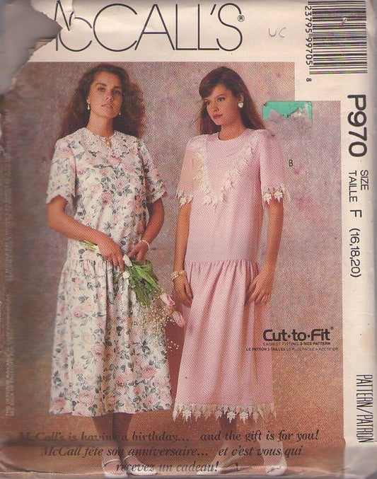 McCall's P970 Vintage 80's Sewing Pattern Modest Dress, Cottagecore Farmcore Garden Tea Party Drop Waist Victorian Vibes Fancy Dress 2 Styles Size 16-20