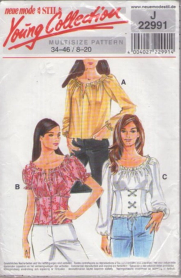Neue Mode Stil J22991 Retro 90's Sewing Pattern Young Collection Blouse, Gypsy Boho Styles, Faux Corset Front Size 8-20