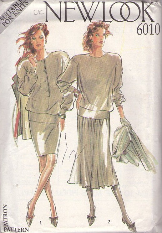 New Look 6010 Vintage 80's Sewing Pattern 2 Piece Dress, New Wave Look Dress Set, Drop Shoulder Boxy Pullover Top with Wide Hip Band, Slim Pencil or Flared Below Knee Skirt Size 8-18