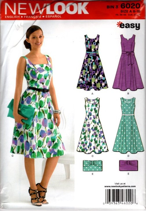 New Look 6020 Retro 2011 Sewing Pattern Easy Sundress, Summer Dress Set, Garden Party, With Envelope Clutch Purse Size 8-18