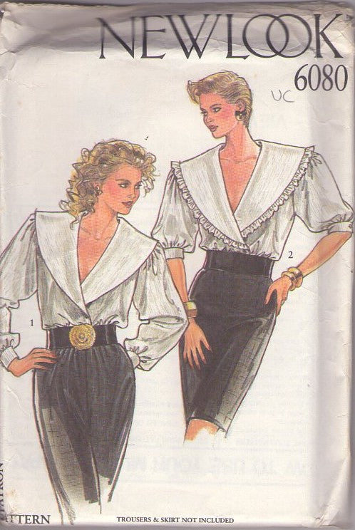 New Look 6080 Vintage 80's Sewing Pattern Cottagecore Blouse Set, Huge Platter Collar Wrap Front Double Breasted Buttons Puff Sleeve Secretary Blouses 2 Styles Size 8-18