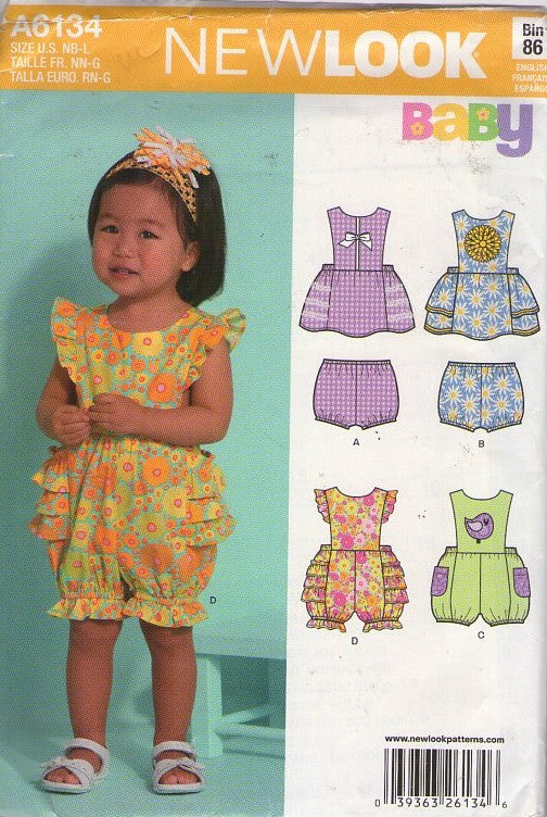 New Look 6134 Retro 2012 Sewing Pattern Girl's Summer Separates, Sun Dress, Sundress, Romper with Ruffles, Bloomers Panties Shorts Size NB-L