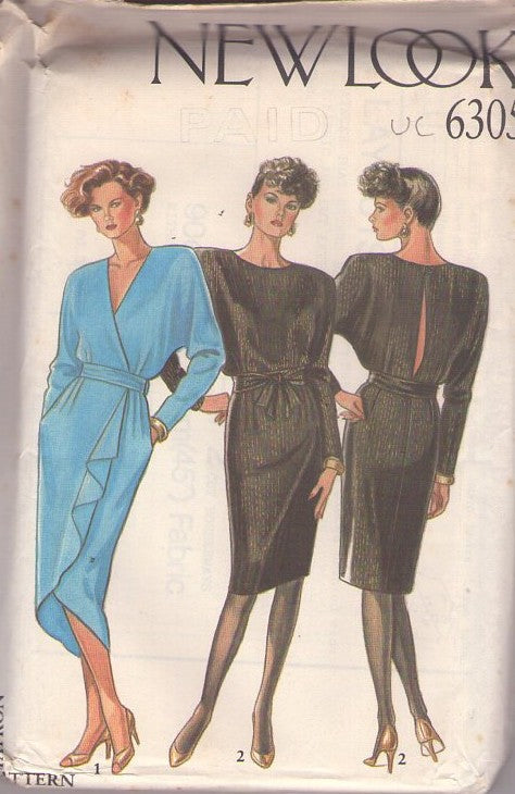 New Look 6305 Vintage 80's Sewing Pattern Disco Dress, Evening Party Dress, Front Wrap Swagged or Rear Open Peekaboo Back Slit 2 Styles Size 8-18