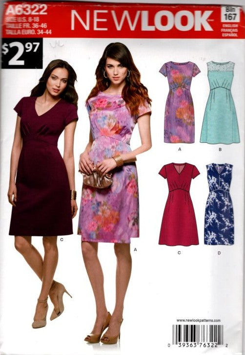 New Look 6322 Retro 2004 Sewing Pattern Cocktail Party Dress Set, Curved Waistline, 4 Styles Size 8-18
