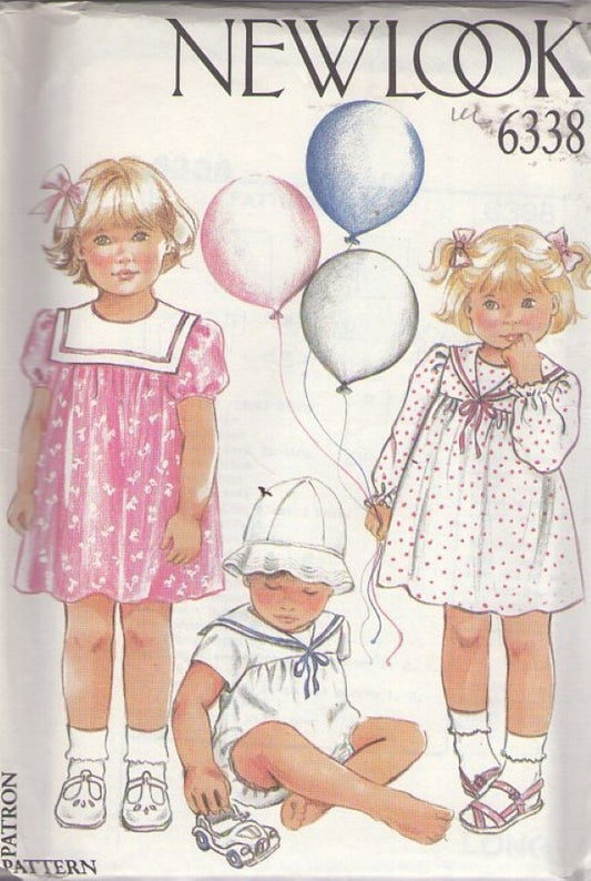 New Look 6338 Vintage 90's Sewing Pattern Toddler Sailor Collar Dress in 2 Styles, Nautical Snap Crotch Romper 3-24 Mos.