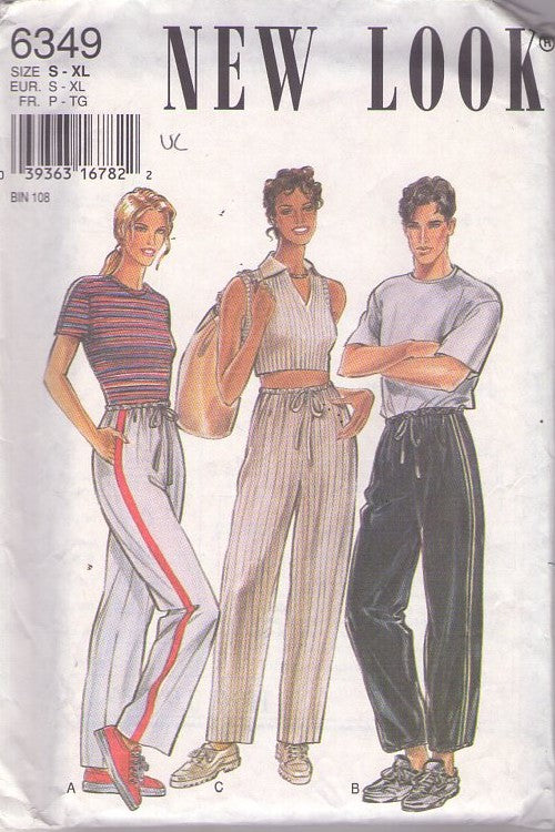 New Look 6349 Vintage 90's Sewing Pattern Drawstring Pants, Casual Unisex Surfer, Hip Hop Style Jams Size X-XL