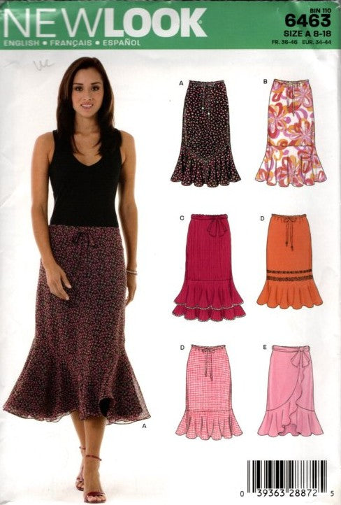 New Look 6463 Retro 2005 Sewing Pattern Mermaid Flounce Skirt Set, Fit & Flared, Faux Wrap, Drawstring, 5 Styles Size 8-18