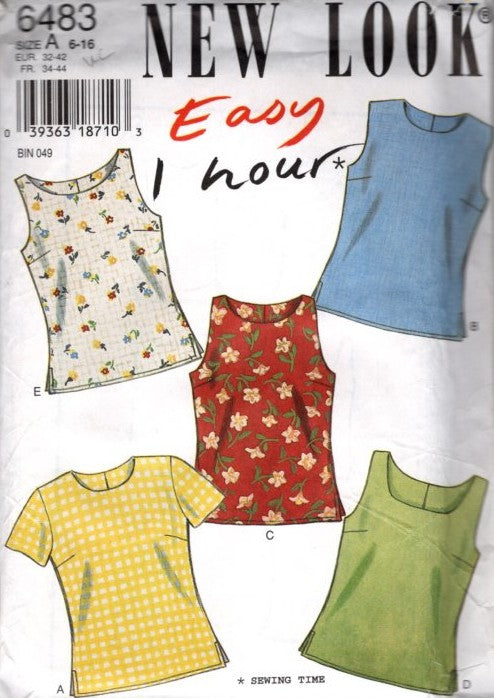 New Look 6483 Retro 2007 Sewing Pattern Easy 1 Hour Tops, Tank Top, Dart Fitted Blouse Set Size 6-16