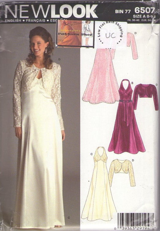 New Look 6507 Retro 2005 Sewing Pattern Evening Gowns, Bare Back, Empire Waist, Halter Top Beach Wedding Gown, Formal Party Dress, Cropped Bolero Jacket Size 8-18