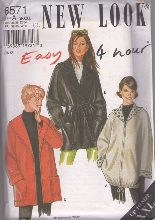 New Look 6571 Retro 90's Sewing Pattern Easy 4 Hour Shawl Collar Jacket, Drawstring Coat with Hood, 3 Styles Size X-XXL