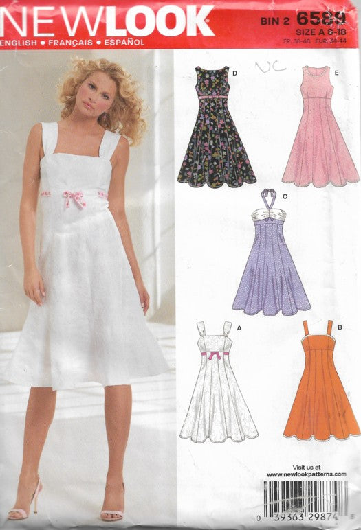 New Look 6589 Retro 2006 Sewing Pattern Rockabilly Style Summer Dress, Empire Waist, Flared Hem, 5 Styles Size 8-18