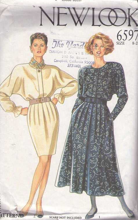 New Look 6597 Vintage 80's Sewing Pattern Secretary Dresses, Batwing Dolman Sleeve, Cocktail Party or Midi Length Secretary Day Dress Size 8-12