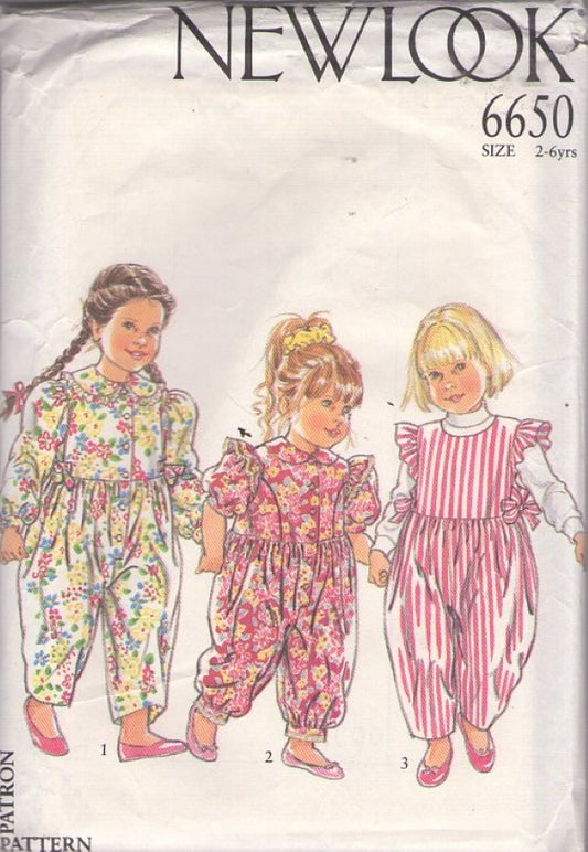 New Look 6650 Vintage 90's Sewing Pattern Girls' Cottagecore Jumpsuit, Barrel Leg Romper Set, 3 Styles Size 2-6 Years