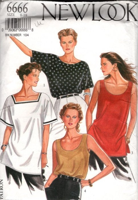 New Look 6666 Retro 90's Sewing Pattern Versatile Tops, Pullover Blouse Set, Tank, Oversized & Long Size 8-18