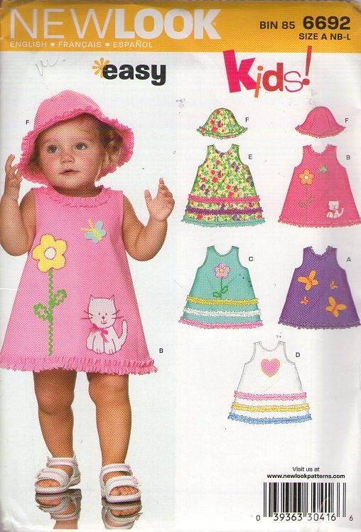 New Look 6692 Retro 2007 Sewing Pattern Girl's Dresses,  Easy To Sew Short Flared Summer Sun Dress with Ruffles, Appliques, Bucket Sun Hat Size NB-L